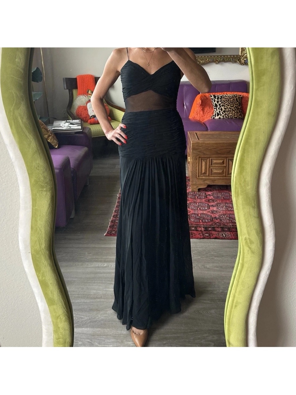 Vintage Y2K Cache Black Silk Maxi Dress 2 Sheer Mesh Ruched Goth Formal Gown